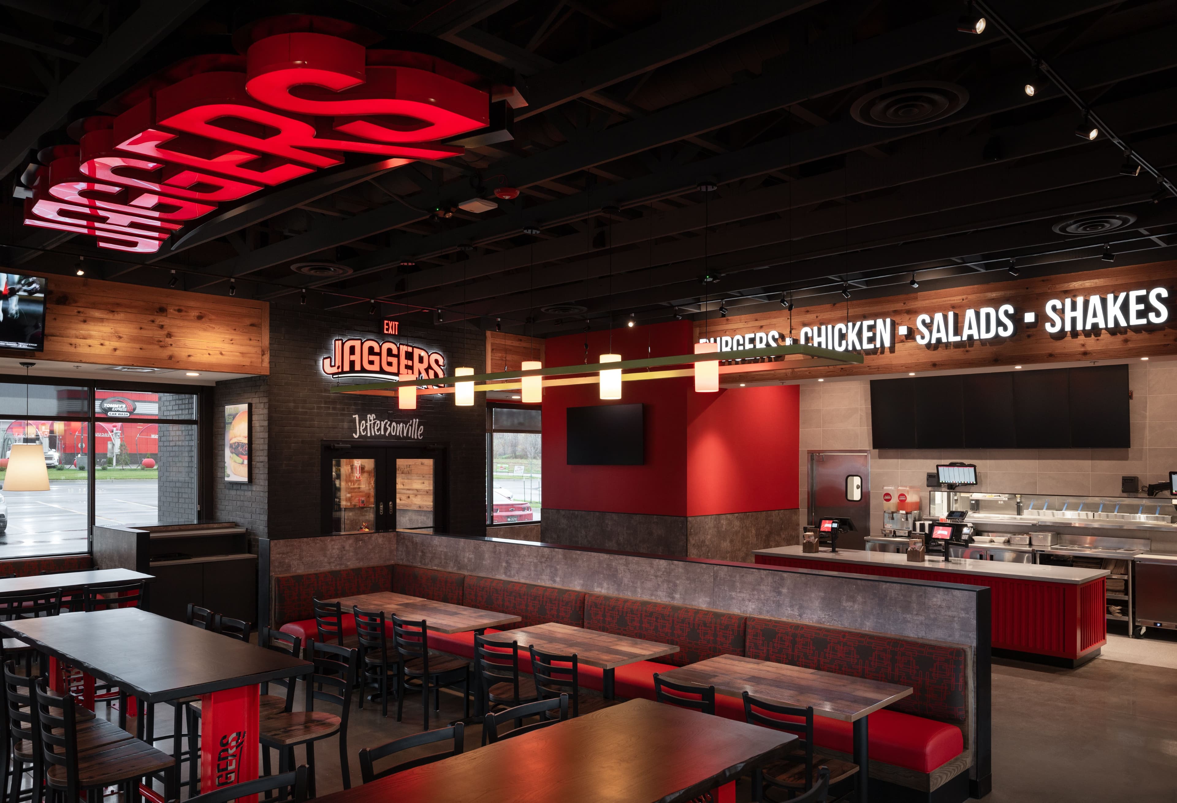 Counter and dining area inside of the Jaggers restaurant in Jeffersonville, IN.